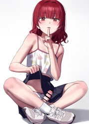 1boy ankle_socks bar_censor black_skirt camisole censored clothes_lift commentary crossdressing crossdressing_(mtf) erection finger_to_mouth foreskin highres huaca indian_style lifting_own_clothes male_focus medium_hair miniskirt original panties penis penis_out phimosis pleated_skirt red_eyes red_hair shoes shushing simple_background sitting skirt skirt_lift sneakers socks trap underwear untranslatable_commentary white_background white_camisole white_panties white_shoes white_socks