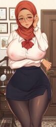 big_breasts female glasses hijab hijabi nipples_visible_through_clothing office_lady pantyhose pencil_skirt tanned tanned_skin