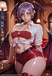 1girl ai_generated alternate_costume ass backdoorsenpai bare_legs bat_wings big_ass black_belt black_wings blush breasts closed_mouth cowboy_shot curvy darkstalkers egao female_focus green_eyes head_wings heart high_heels lilith_aensland lips looking_at_viewer low_wings midriff naughty_face naugty_eyes navel open_shirt perky_breasts purple_hair purple_wings red_boots red_short_shorts red_tube_top red_wings short_hair small_breasts sweatdrop thick_thighs thighs tied_shirt tube_top white_shirt wide_hips wings