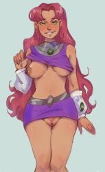 areolae_peeking breasts dc dc_comics female female_only flashing flashing_breasts going_commando green_eyes koriand'r lifting_shirt nipples no_bra no_panties red_hair seductive_eyes seductive_smile skirt_lift starfire starfire_(teen_titans) teen_titans