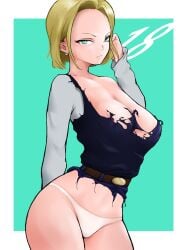 1girls 2d 2d_(artwork) 2d_artwork adult adult_female android_18 arm_behind_back background baddie bare_chest bare_hips bare_legs bare_skin bare_thighs belly belly_button bewitching_thighs big_boobs big_breasts blonde blonde-haired_female blonde_female blonde_hair blonde_hair_female breasts busty busty_female busty_girl child_bearing_hips cleavage clothes clothing collarbone curvaceous curvaceous_body curvaceous_female curvaceous_figure curvaceous_hips curvy curvy_body curvy_female curvy_figure curvy_hips digital digital_art digital_drawing digital_drawing_(artwork) digital_media digital_media_(artwork) dragon_ball drawing earrings exposed_chest exposed_hips exposed_legs exposed_skin exposed_thighs female female_focus female_only fertile fertile_hips fingers frown frown_eyebrows frowning frowning_at_viewer green-eyed_female green_eyes groin hand_behind_back head_tilt hourglass_figure huge_boobs huge_breasts inguinal_crease inguinal_ligament large_boobs large_breasts lascivious lean_figure legs_closed legs_together looking_at_viewer looking_sideways looking_to_the_side mature mature_female mature_woman midriff monotone_background narrow_waist navel one_color_background panties pixiv_id_74411726 plain_background plump_breasts portrait ripped_clothes ripped_clothing ripped_topwear scowl short_hair shoulders slender_body slender_waist slim_female slim_waist solid_color_background solo standing thick_thighs thighs thighs_together tilted_head topwear torn_clothes torn_clothing torn_topwear turquoise_background underwear upper_body voluptuous voluptuous_body voluptuous_female voluptuous_figure voluptuous_woman white_panties white_underwear wide_hips woman