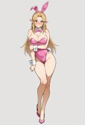 1girls ai_generated alternate_costume animal_ears arm_under_breasts ass_visible_through_thighs bare_legs bare_shoulders blonde_hair blue_eyes blush bow bowtie braid breasts bunnysuit cleavage closed_mouth clothing covered_navel detached_collar ear_blush earrings embarrassed fake_animal_ears fake_tail female footwear full_body green_eyes grey_background high_heels highleg highleg_leotard holding_own_arm jewelry large_breasts legs leotard long_hair looking_at_viewer parted_bangs pink_bow pink_bowtie pink_footwear pink_leotard playboy_bunny pointy_ears princess_zelda rabbit_ears rabbit_tail shoes side-tie_leotard simple_background smashai solo standing strapless strapless_leotard super_smash_bros. tail the_legend_of_zelda thigh_gap thighs triforce wrist_cuffs