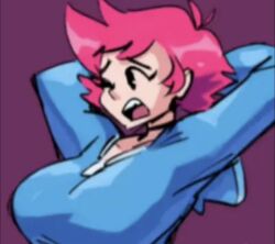 badly_cropped badly_resized big_breasts blue_clothing breasts earthbound hands_behind_head jacket kumatora large_breasts mother_(series) mother_3 pink_hair possible_sex short_hair thick tomboy unknown_artist unknown_source weird wink