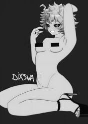 ashido_mina black_and_white blush blushing censored_nipples heels high_heels mina_ashido my_hero_academia naughty naughty_face perfect_body perfect_legs purple_body purple_skin ring w_sitting wariza