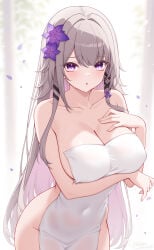 1girls bare_shoulders belly_button belly_button_visible_through_clothing blush breasts female female_focus female_only flower_in_hair flowers grey_hair herta_(honkai:_star_rail) honkai:_star_rail large_breasts long_hair looking_at_viewer mostly_nude open_mouth origami0703 purple_eyes small_towel standing towel towel_only