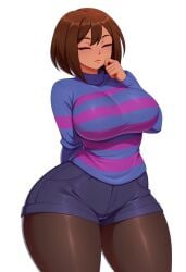 ai ai-created ai_generated bottomless closed_eyes frisk huge_ass huge_breasts panties pantyhose, short_hair short_shorts sweater tan_skin thick_thighs thighs transparent_background undertale undertale_(series)