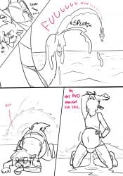 anthro bodily_fluids comic cum cum_in_vagina cum_inflation cum_inside deer dialogue dragon duo english_text excessive_cum excessive_genital_fluids feral genital_fluids genitals herm hi_res inflation intersex male maleherm maleherm_(lore) mammal mythological_creature mythological_scalie mythology penis red_(topazknight) scalie solo swimming_pool text topazknight
