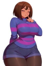 ai ai-created ai_generated bottomless closed_eyes frisk huge_ass huge_breasts panties pantyhose, short_hair short_shorts sweater tan_skin thick_thighs thighs transparent_background undertale undertale_(series)