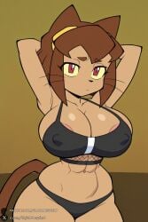 1female 1girl 1girls 2026 abs ai_generated animal_ears areola_slip armpits arms_behind_head arms_up artist_name big_ass big_breasts black_bra black_panties bra breasts brown_hair cat_ears cat_girl cat_tail cleavage covered_nipples cowboy_shot curvy furry furry_female gameoverse hi_res high_quality high_resolution highres huge_ass huge_breasts kit_(gameoverse) large_breasts looking_at_viewer navel panties patreon patreon_username red_eyes short_hair slit_pupils solo tail thick_eyebrows thick_thighs thighs underwear unjobdespiert watermark web_address wide_hips