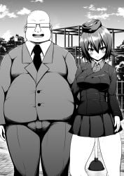 1boy 1girl bald blush bowlegged_pose commentary_request fat fat_man garrison_cap girls_und_panzer glasses hat highres kuromorimine_military_uniform lovelovemaid miniskirt necktie nishizumi_maho open_mouth outdoors park pleated_skirt plunger short_hair skirt