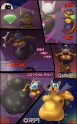 afraart anthro bat big_belly blue_hair carmelita_fox female female/female female_only female_pred fox furry orange_fur rouge_the_bat sly_cooper_(series) sonic_(series) sonic_the_hedgehog_(series) swallowed_whole vore vore_belly white_fur