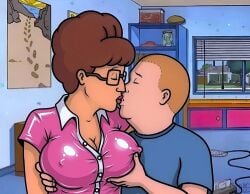 ai_generated bobby_hill breasts erect_nipples_under_clothes incest king_of_the_hill kissing latex_bodysuit mother_and_son peggy_hill