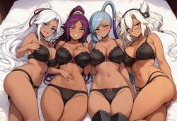 4girls ai_generated aran_(maplestory) big_breasts bleach blue_eyes blue_hair code_geass dark-skinned_female dark_skin kantai_collection lingerie maplestory musashi_(kantai_collection) purple_hair shihouin_yoruichi villetta_nu white_hair yoruichi_shihouin