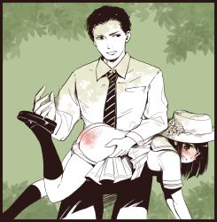 1boy 1girls bent_over_lap blush fireball_666 flower_hat green_background hat one_leg_up over_the_knee_spanking panties_down skirt_up spank_marks spanked_butt spanking spanking_ass suit_and_tie