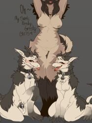 3:4 anthro balls bell bell_collar bodily_fluids breasts chastity_cage chastity_device collar collar_tag cum digital_drawing_(artwork) digital_media_(artwork) dragon female female/female fur genital_fluids genitals group hi_res horn hyena hyenashorny male male/female mammal mythological_creature mythological_scalie mythology nipples nude penis scalie simple_background text tongue trio