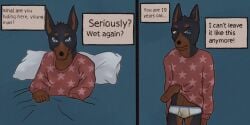 2:1 anthro bed blue_eyes bodily_fluids briefs canid canine canis clothing comic dialogue dobermann dogsmoker domestic_dog english_text furniture genital_fluids hi_res humiliation incontinence male mammal pajamas panties pinscher tears text underwear urine watersports wetting