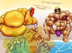 absurd_res anthro big_nose bowser bubble butt clothing dialogue dragon erection erection_under_clothing fart fart_cloud fart_fetish farting_on_another farting_on_face farting_together farting_underwater flirting_expression flirting_look genitals group hi_res horn human hybrid_genitalia hybrid_penis hyper hyper_genitalia logo looking_aside male mammal mario_bros muscular muscular_anthro muscular_male mythological_creature mythological_scalie mythology navel nintendo nipples open_mouth pecs penis pupils red_penis scales scalie sitting sitting_in_water smile smirk submerged_legs tail teeth text trio underwater waluigi wario water white_body white_skin xmbxfff12 yellow_body