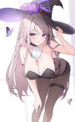 1girls bare_shoulders breasts butterfly choker cleavage female female_focus female_only grey_hair herta_(honkai:_star_rail) honkai:_star_rail large_breasts leaning leaning_forward legwear long_hair looking_at_viewer necklace origami0703 pantyhose purple_eyes smile standing thighs witch_hat wizard_hat