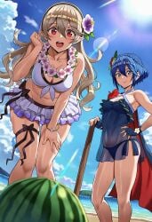 2girls ai_generated alternate_costume bare_shoulders baseball_bat beach bikini bikini_skirt black_hairband blue_bikini blue_eyes blue_gloves blue_hair blue_sky blush bracelet braid breasts cape cleavage closed_mouth clothing cloud collarbone corrin_(female)_(fire_emblem) corrin_(fire_emblem) criss-cross_halter crown_braid day female fingerless_gloves fire_emblem fire_emblem_heroes fire_emblem_if flower flower_necklace flower_wreath food front-tie_top fruit gloves grey_hair hair_between_eyes hair_flower hair_ornament hairband halterneck hand_on_own_hip hand_on_own_thigh head_wreath hibiscus jewelry kamui_(fire_emblem) large_breasts leaning_forward leg_ribbon lens_flare long_hair looking_at_viewer lucina_(fire_emblem) medium_breasts multiple_girls navel ocean official_alternate_costume open_mouth outdoors pointy_ears purple_flower red_eyes see-through short_hair sky small_breasts smashai smile standing stick summer sun sunlight super_smash_bros. swimsuit sword thigh_ribbon thigh_strap thighs watermelon white_bikini white_hair wooden_sword wreath