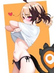 belly cableties cableties_(artist) cute gigi_murin hololive hololive_english hololive_english_-justice- naked naked_female navel nsfw orange, panties pigtails shirt_lift skin tail