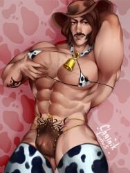 abs artist_name artist_signature beard bell_necklace bra bulge bulge_under_clothes chest_hair colt_mcqueen_(wyldecard) commission commission_art commissioner_upload cowbell cowboy cowboy_hat forearm_tattoo gay grabbing_chest grabbing_own_breast hairy hairy_chest hand_tattoo long_hair long_hair_male male_focus male_only man_boobs man_tits muscular muscular_male muscular_male_only nipple_bulge nipples nipples_visible_through_clothing saints_row saints_row_(reboot) stomach_tattoo stripper tattoo tattoo_on_arm tattoo_on_stomach tattoos thigh_highs thighhighs womb_tattoo