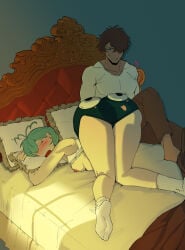 1girls ass ass_focus ass_up ass_up_face_down bed bedroom black_clover canon_couple casual confused confusion face_down_ass_up female gauche_adlai googly_eyes grey_(black_clover) light-skinned_female light_skin meme_attire meme_clothing nipple nipple_slip scharlottelambo silly_underwear sleeping socks topless topless_female underwear
