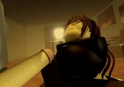bedroom before_oral big_breasts big_penis blowjob blowjob_in_the_pose brown_eyes brown_hair long_hair roblox roblox_background roblox_game sweater