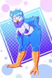1girls 2026 2d 2d_(artwork) 78_g00n 87_g0d anthro avian avian_feet avian_humanoid beak bent_over bikini bird bird_girl bird_tail blue_body blue_feathers blue_hair blush breasts color colored digital_drawing_(artwork) digital_media_(artwork) feathers female female_only furry furry_female glistening glistening_body hand_on_hip hand_on_own_hip heart heart_symbol humanoid looking_aside martlet_(undertale_yellow) raised_eyebrow simple_background solo solo_female standing tail undertale undertale_yellow wink
