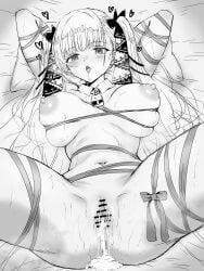1girl absurdres after_sex after_vaginal anus arms_behind_head azur_lane bar_censor bell breasts censored commentary_request cum cum_in_pussy cumdrip formidable_(azur_lane) greyscale heart hetero highres large_breasts monochrome naked_ribbon navel neck_bell nipples on_bed patrasche_doge pillow pussy pussy_juice ribbon solo spread_legs stomach twintails two-tone_ribbon variant_set