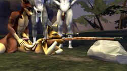 3d_(artwork) african_wild_dog anthro being_watched bodily_fluids breasts canid canine clothing cum cum_on_back cum_on_face digital_media_(artwork) female forest fox from_behind_position genital_fluids genitals group gun hand_on_butt hand_on_penis hat headgear headwear hot_dogging kneeling leaking_cum looking_at_another lying male mammal masturbation military military_cap nude on_front penis plant ranged_weapon rifle sex straight tree weapon wolf552906