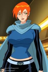 1female 1girl 1girls 2026 ai_generated artist_name belt ben_10 big_ass big_breasts blush breasts cape cartoon_network curvy earrings future_gwen green_eyes gwen_tennyson hi_res high_quality high_resolution highres huge_ass huge_breasts jewelry large_breasts looking_at_viewer looking_to_the_side midriff orange_hair pants patreon patreon_username shirt short_hair smile solo unjobdespiert watermark