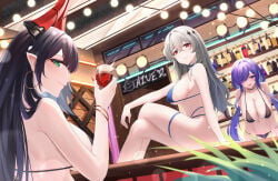 3girls absurdres azur_lane bar_(place) bikini black_bikini black_hair blue_bikini bottle bracelet breasts commentary_request crossed_bangs crossed_legs cup drinking_glass earrings glass goetz_von_berlichingen_(azur_lane) goetz_von_berlichingen_(rapture_beneath_the_blood_moon)_(azur_lane) green_eyes grey_hair hair_over_one_eye highres holding holding_cup hoop_earrings horns indoors jewelry kafeifeifeifeifeifei_jiemo_jun large_breasts long_hair looking_at_viewer mogador_(azur_lane) mogador_(diving_for_desire)_(azur_lane) multiple_girls nail_polish navel official_alternate_costume pointy_ears purple_hair red_horns red_nails saint-louis_(azur_lane) sideways_glance sitting smile swimsuit twintails