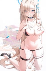 1girls areola_slip areolae asuna_(blue_archive) bare_shoulders belly_button bikini blonde_hair blue_archive blue_eyes bra breasts choker female female_focus female_only heels high_heels infinity_(kkx132) kneeling large_breasts legs looking_at_viewer nipples panties smile stomach thighs underwear