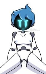 1boy 1girls blue_eyes blue_hair fanart lav_(nekuzx) robot robot_girl screen_face vaginal_penetration white_body yellolight