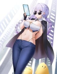 1girls avrora_(azur_lane) avrora_(not_cut_out_for_this?)_(azur_lane) azur_lane curvaceous female female_only jeans large_breasts light-skinned_female light_skin looking_over_eyewear looking_over_glasses looking_over_sunglasses northern_parliament_(azur_lane) solo sunglasses tinted_eyewear