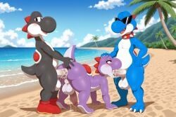 3_toes 4_fingers absurd_res ai_generated all_fours anal anal_penetration anthro anthro_on_anthro anthro_penetrated anthro_penetrating anthro_penetrating_anthro balls beach belly big_balls big_nose big_penis biped black_body black_eyes blue_body blush blush_lines bodily_fluids boots boshi butt claws clothing collar cum cum_in_ass cum_in_mouth cum_inside cum_on_balls cum_on_body cum_on_butt cum_on_face cum_on_ground cum_on_penis day dinosaur eyebrows eyes_closed eyewear fangs feet fellatio fingers footwear genital_fluids genitals group half-closed_eyes hand_on_leg hand_on_partner's_butt hand_on_partner's_head hand_on_thigh hi_res huge_balls huge_penis looking_at_viewer male male/male male_penetrated male_penetrating male_penetrating_male mario_bros narrowed_eyes nintendo oral outside_sex palm_tree paws penetration penile penile_penetration penis penis_in_ass penis_in_mouth pink_eyes plant purple_body red_boots red_clothing red_footwear reptile scalie sea seaside sex smile smiling_at_viewer spiked_collar spikes spikes_(anatomy) standing sunglasses super_mario_rpg tail teeth toe_claws toes tree trio water white_belly yiff_ai_(director) yoshi
