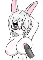 animal_humanoid anthro baizare big_breasts breasts emotionless eyewear fan_character female fur glasses hand_behind_head hi_res huge_breasts humanoid inverted_nipples lagomorph lagomorph_humanoid leporid leporid_humanoid mammal mammal_humanoid nipples one_eye_obstructed penis_on_nipples rabbit rabbit_ears rabbit_humanoid slim solo wearing_glasses white_body white_fur