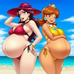 2girls 2pregnancy ai_generated beach beach_background bikini bikini_bottom bikini_top blue_eyes blue_eyes_female brown_hair brunette_female brunette_hair brunette_hair_female crown enormous_belly female female_only gigantic_belly hat huge_belly human human_only hyper_pregnancy lazybonesai light-skinned_female light_skin long_brown_hair looking_at_viewer mammal mario_(series) massive_belly mature mature_female nintendo pauline pauline_(mario) pregnancy pregnant pregnant_belly pregnant_female princess princess_daisy royalty super_mario_bros. super_mario_odyssey