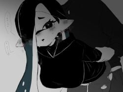 1boy 1girl aroused bent_over black_eyes black_hair black_pantyhose black_sweater blue_hair breasts clothed_sex commentary_request curtained_hair earclip earrings grabbing_another's_arm gradient_hair greyscale hair_behind_ear hair_over_one_eye hanging_breasts heart heart-shaped_pupils hetero highres inkling inkling_girl inkling_player_character jewelry large_breasts long_hair long_pointy_ears long_sleeves looking_at_viewer monochrome multicolored_hair open_mouth pantyhose pointy_ears sex sex_from_behind sleeves_past_wrists solo_focus splatoon_(series) spot_color standing stud_earrings sweat sweater symbol-shaped_pupils syoutoktaishi_63 tentacle_hair torn_clothes torn_pantyhose translation_request