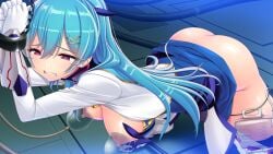 1girl arch_kalmia ass bdsm bent_over blue_hair blue_skirt bondage boots bound bound_wrists breasts breasts_out chain clenched_teeth clothes_lift cuffs fuyunagi_tsubasa game_asset gloves grimace hair_between_eyes hair_ornament hairclip handcuffs indoors jacket lactation large_breasts long_hair long_sleeves magical_girl medium_breasts milking_machine nipples no_panties non-web_source official_art puffy_nipples purple_eyes red_eyes restrained satou_takumi self-datamine shinsou_kenki_arch_saver shiny_skin skirt skirt_lift solo teeth thighhighs variant_set visual_novel_cg white_gloves white_jacket