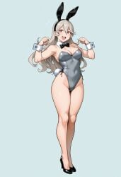 1girls ai_generated alternate_costume animal_ears armpits bare_legs bare_shoulders black_bow black_bowtie black_footwear black_hairband blush bow bowtie breasts bunnysuit cleavage clothing corrin_(female)_(fire_emblem) corrin_(fire_emblem) covered_navel detached_collar fake_animal_ears fake_tail female fire_emblem fire_emblem_if full_body grey_hair grey_leotard hair_between_eyes hairband high_heels highleg highleg_leotard kamui_(fire_emblem) large_breasts legs leotard long_hair looking_at_viewer medium_breasts open_mouth paw_pose playboy_bunny pointy_ears rabbit_ears rabbit_tail red_eyes simple_background smashai smile solo standing strapless strapless_leotard super_smash_bros. tail thighs white_hair wrist_cuffs