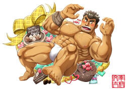 1boy abs artist_request bara beefy biceps big_feet big_hands birthday breasts broad_shoulders brown_hair bulge bulge_through_clothing cake chest_hair chocolate chocolate_cake embarrassed falling fingernails food forked_eyebrows full_body fundoshi fundoshi_only gay happy_birthday hi_res hunk kengo_(tokyo_afterschool_summoners) legs_apart looking_away male male_breasts male_only manly mature_male moobs muscles muscular muscular_arms muscular_legs muscular_male muscular_neck muscular_thighs navel pecs quadriceps ribbon rokushaku_fundoshi short_hair six_pack small_eyes solo spiky_hair strawberry sweets takabushi_kengo text thick thick_arms thick_eyebrows thick_legs thick_thighs tokyo_afterschool_summoners topless tough_guy triceps very_high_resolution white_background white_fundoshi wristband yaoi