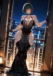 1girl ai_assisted ai_generated alternate_costume bangs bare_shoulders black_dress black_footwear black_gloves black_hair blush breasts building choker city_lights cleavage closed_mouth collarbone covered_navel curvaceous curvy curvy_female curvy_figure dress earrings eyebrows_visible_through_hair female full_body gloves green_hair high_heels jewelry jujutsu_kaisen large_breasts long_dress looking_at_viewer miyuai necklace night night_sky shiny shiny_hair short_hair side_slit sky smile solo standing star_(sky) starry_sky thick thick_ass thick_butt thick_hips thick_legs thick_thighs voluptuous voluptuous_female wide_hips wide_thighs yellow_eyes zenin_maki