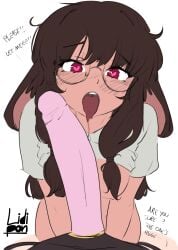 asking_for_it asking_for_sex big_dildo brown_hair bunny_ears bunny_girl bunny_teeth desperate dialogue dildo drool drooling female female_focus female_only glasses heart heart-shaped_pupils heart_symbol horny_female huge_dildo lidipon long_hair long_penis looking_at_viewer looking_back low_twintails open_mouth original original_artwork original_character original_characters patreon patreon_reward penis_bigger_than_body pleading red_eyes shirt shirt_lift shirt_only shirt_up size_comparison size_difference strap-on strapon teeth teeth_showing tied_hair tongue tongue_out twintails twintails_(hairstyle) yuri
