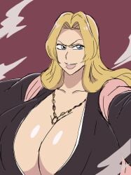 2d 2d_(artwork) alternate_breast_size beauty_mark beauty_mark_under_mouth big_breasts black_robe bleach blonde_hair blonde_hair_female blue_eyes breasts breasts_bigger_than_head female female_focus female_only kissable_lips large_breasts lips long_hair long_hair_female matsumoto_rangiku mole mole_under_mouth momiji_(artist) pink_scarf rangiku_matsumoto scarf shiny_breasts solo solo_female solo_focus