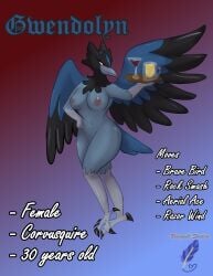 absurd_res alcohol anthro beak beer beverage bluequill_studios breasts container corvisquire english_text feathers feet female generation_8_pokemon glass glass_container gwendolyn_altair hand_on_hip hi_res nintendo nude plumage pokemon pokemon_(species) red_eyes solo spread_wings tail tail_feathers talons text toes tray wine wings