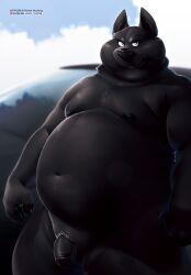 2022 absurd_res anthro belly big_belly biped black_body black_nose blue_eyes canid canine canis domestic_dog flaccid genitals hi_res humanoid_genitalia humanoid_hands humanoid_penis male mammal moobs navel nipples overweight overweight_male penis solo wolver_mustang