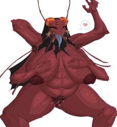 4_arms animal_humanoid antennae_(anatomy) anthro anus areola arthropod arthropod_humanoid belly big_areola big_breasts big_nipples blattodean blue_tongue bodily_fluids body_hair breasts carsen cloak clothing cockroach cockroach_humanoid eyelashes female gaping gaping_vagina genital_fluids genitals hair hairy_armpits hairy_vulva hand_behind_back hand_on_breast heart_pupils heart_symbol hi_res humanoid insect insect_humanoid jujutsu_kaisen kurourushi love mandibles multi_arm multi_limb nipples pubes puffy_areola red_body red_skin saliva saliva_on_tongue sharp_teeth solo sweat sweat_string teeth thick_thighs tongue tongue_out vaginal_fluid_string vaginal_fluids vulva wide_hips
