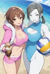 2girls :d ai_generated ball bare_shoulders beach beachball black_hair blue_leotard blue_one-piece_swimsuit blue_sky breast_press breasts brown_eyes brown_gloves brown_hair casual_one-piece_swimsuit cleavage cleavage_cutout clothing clothing_cutout cloud collarbone colored_skin covered_collarbone covered_navel cowboy_shot crop_top day female food fur-trimmed_jacket fur_trim gloves grey_eyes grey_hair grey_skin highleg highleg_swimsuit holding holding_ball holding_food hood hooded_jacket ice_cream ice_cream_cone jacket large_breasts leotard long_hair looking_at_viewer micro_shorts midriff multiple_girls nana_(ice_climber) navel ocean one-piece_swimsuit open_clothes open_jacket open_mouth outdoors pink_bikini pink_jacket pink_shorts pink_sports_bra ponytail sand shore short_hair short_shorts shorts sky smashai smile sports_bra standing super_smash_bros. swimsuit volleyball volleyball_(object) water white_skin wii_fit_trainer wii_fit_trainer_(female)