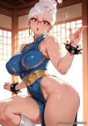 1girl 2026 ai_generated anime ayase_seiko bare_shoulders blue_dress boobs boots bracelet breasts brown_eyes china_dress chinese_clothes cleavage commando covered_navel covered_nipples crossover dandadan dress earrings eye_contact eyeshadow female female_focus glasses hair_bun highres huge_breasts indoors inside jewelry large_breasts lips looking_at_viewer makeup moaning no_panties nsfw open_mouth over-rim_eyewear patreon patreon_username pelvic_curtain rognezart sash single_hair_bun sleeveless solo spiked_bracelet spikes sweat sweaty thick_thighs thighs updo white_hair